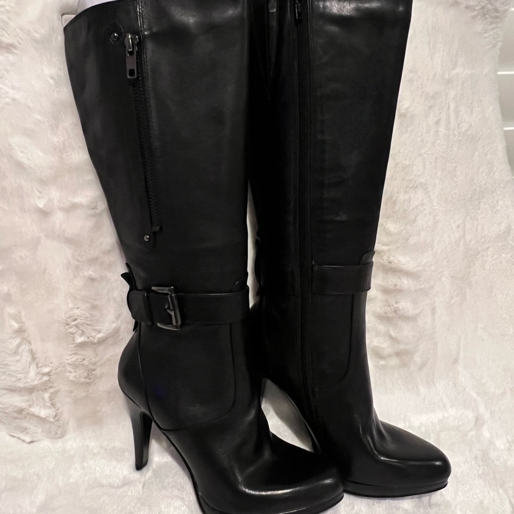 NINE WEST knee high boots platform stiletto black zip ankle buckle sz 5M NWT. - Picture 6 of 15